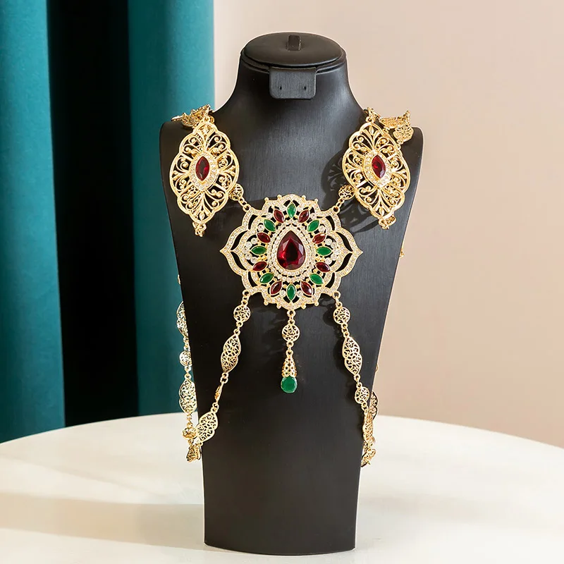 Accessories Gold Plated Moroccan Bride Wedding Body Shoulder Chain Water Drop Crystal Back image 3