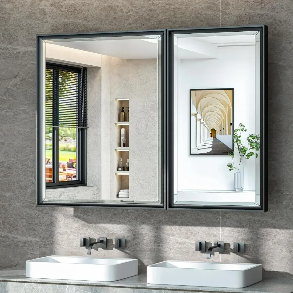 40x30 Mirror with Storage Bathroom, Black Recessed Medicine Cabinet with Mirror Aluminum 2 Door, Wall Mount Metal Recessed