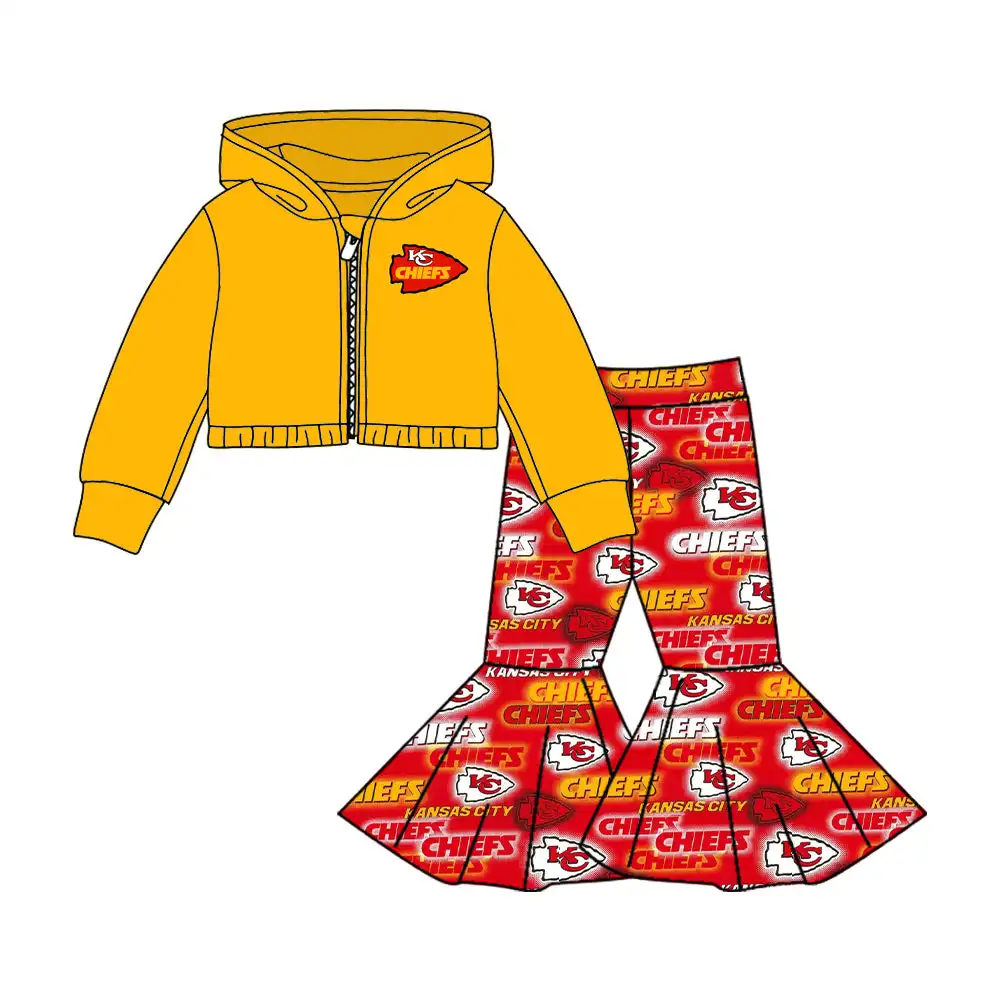 Children Boutique Hooded Clothing School Teams Print Bell Pants Hoodie Jacket Top Girls Clothes Set Customizble milk silk