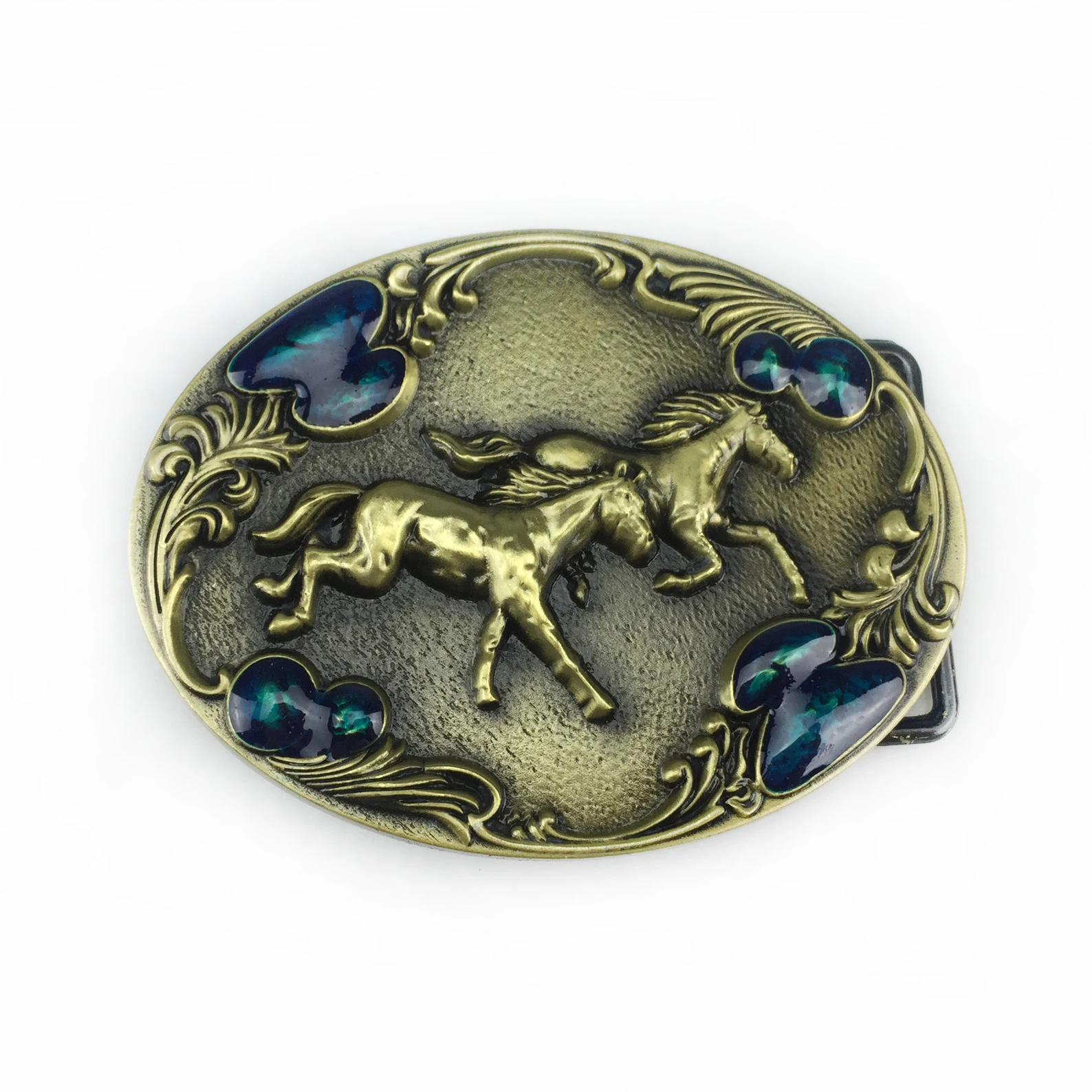 WesBuck Brand Brass Two Horses Metal Vintage Belt Buckle Handmade Homemade Accessories Waistband DIY Western Cowboy Rock Style