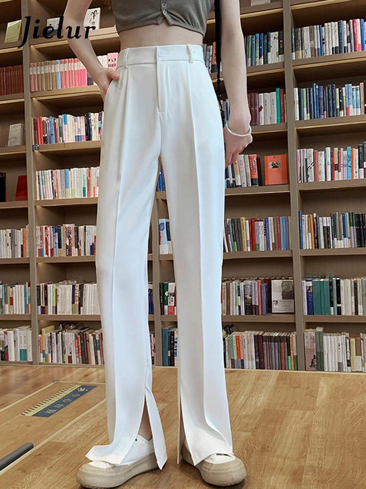 

Jielur Fashion New Straight Split Suit Pants Women Summer White Black Khaki Long Pants Female OL Korean Trousers XS-XL