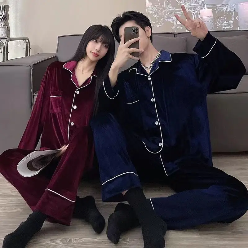 Couple Pajamas for Men Velvet Winter Sleepwear Korean Sleeping Night Wear Solid Pijama 2 Pcs Pants Sets Button Pocket Home Suit