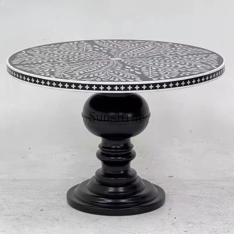 

French court retro solid wood hand-painted round dining table inlaid shell table top