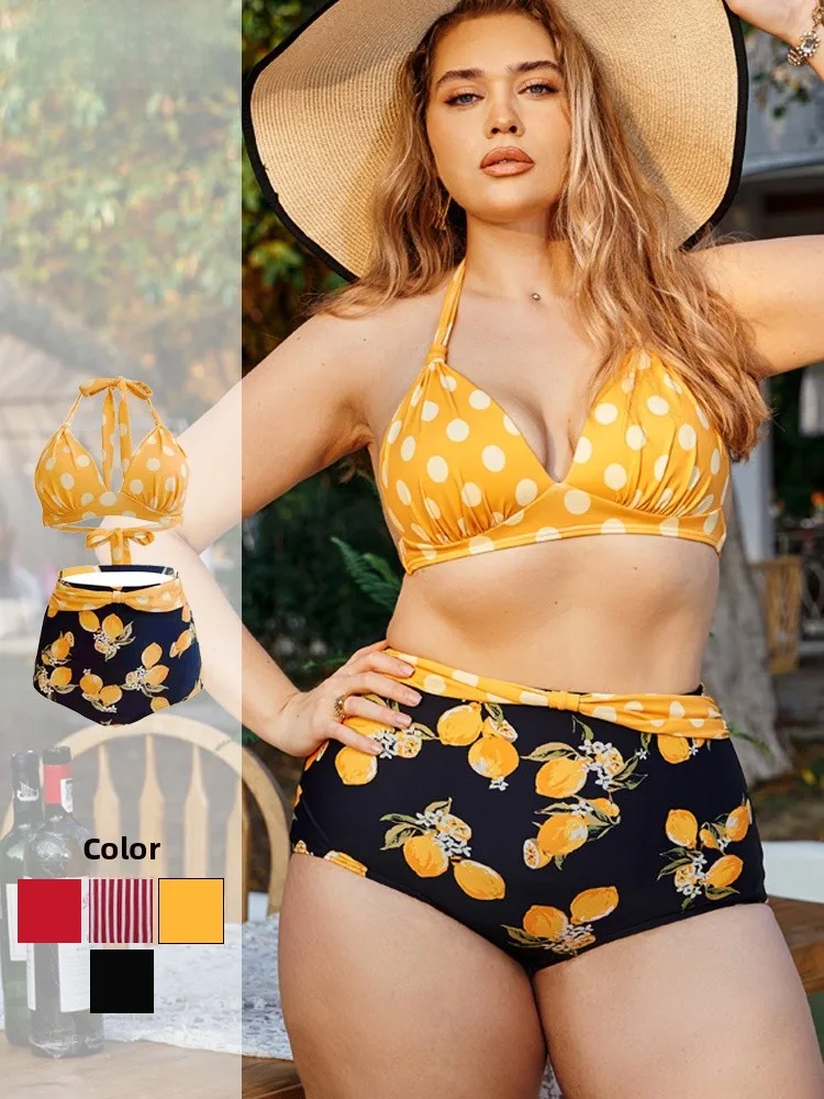 

plus Size Swimwear for Women 200 Pou Striped Polka Dot Bikini Separate Cover up Belly Slimming High Waist Fem Underwear