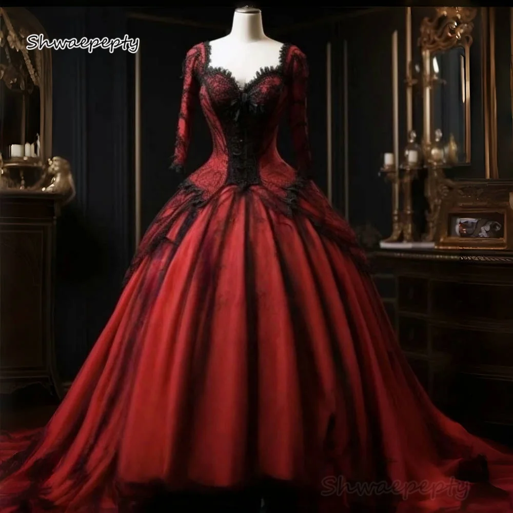 

Red Black Gothic Wedding Dress Vintage Victorian Bridal Gowns Satin Lace Sleeve Vestido De Novia Sweetheart Neckline Customized
