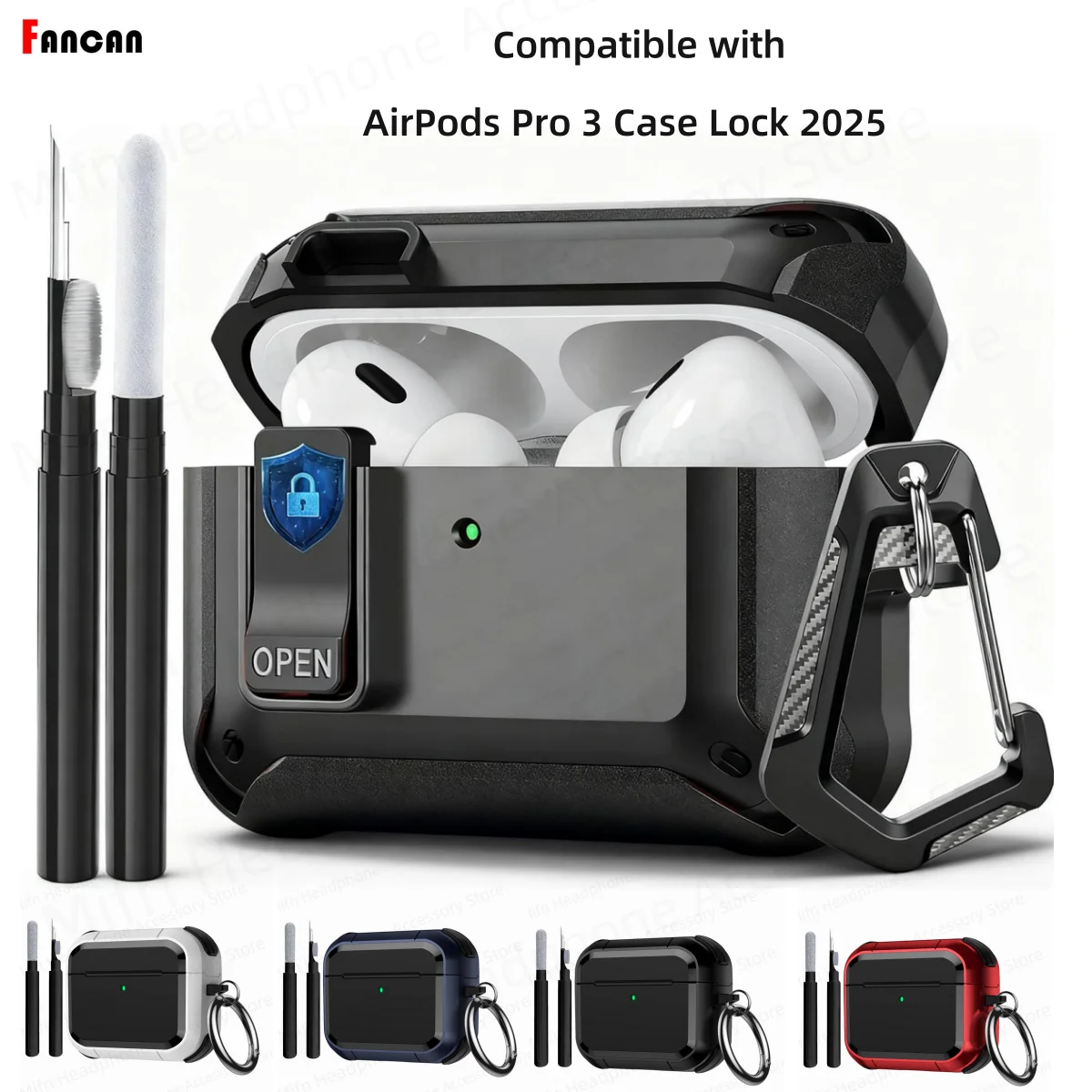 for AirPods Pro 3 Case Secure Lock 2025 Shockproof Protective Case Cover with Cleaning Kit&keychain Case for AirPods Pro 3 Men