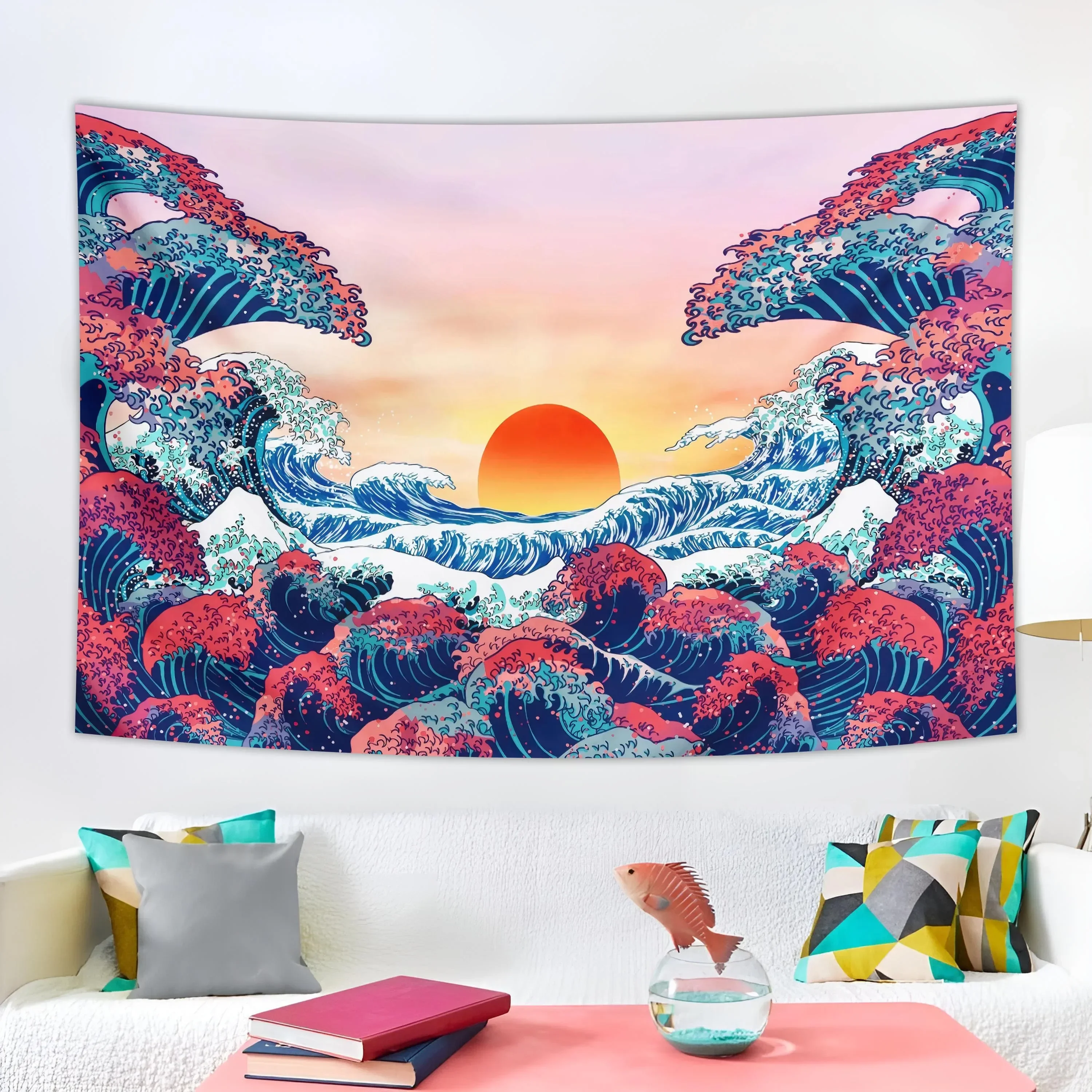 Kanagawa Giant Wave Aesthetic Wall Home Japanese Cuisine Kawaii Room Tapestry Decoration Polyester Material