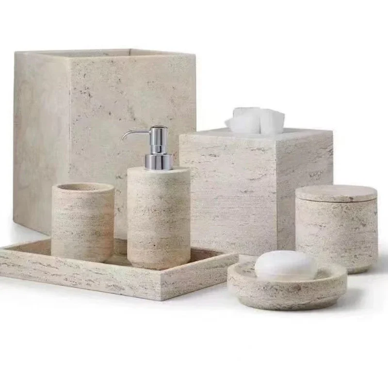 Wholesale Luxury 8 Piece Natural Travertine Stone Marble Ceramic Bathroom Accessories Set