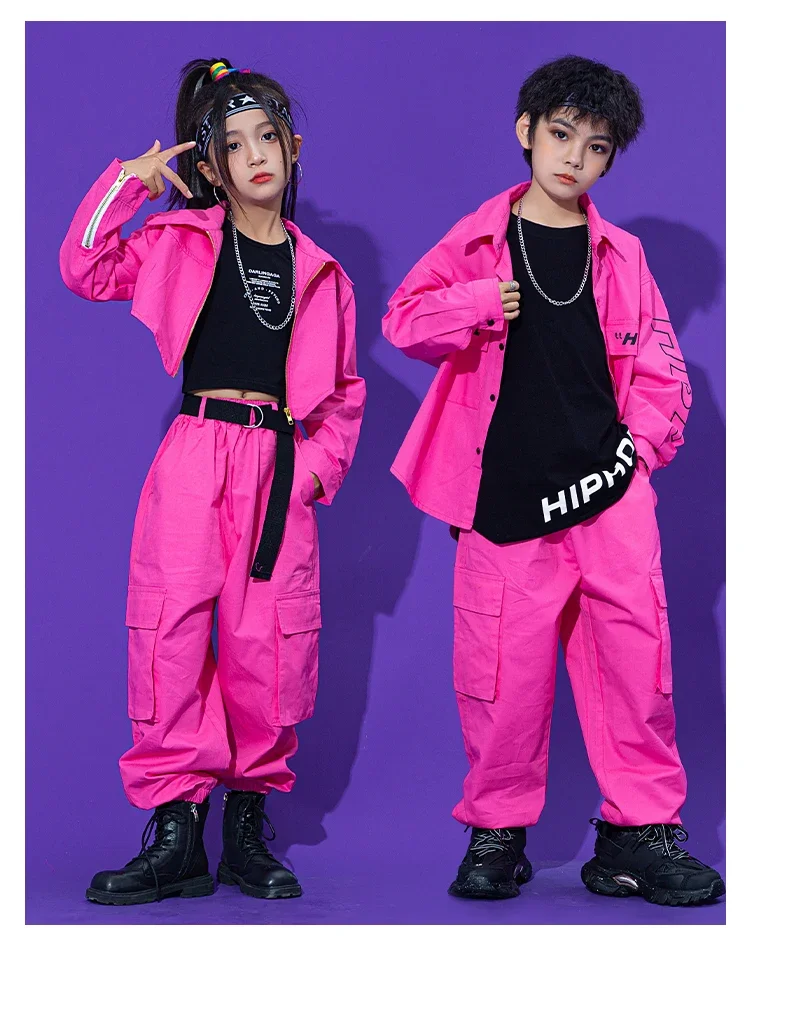 Kids Kpop Costume Tooling Coat Cargo Pants Girls Concert Group Hiphop Performance Outfit Pink Hip Hop Dance Clothes