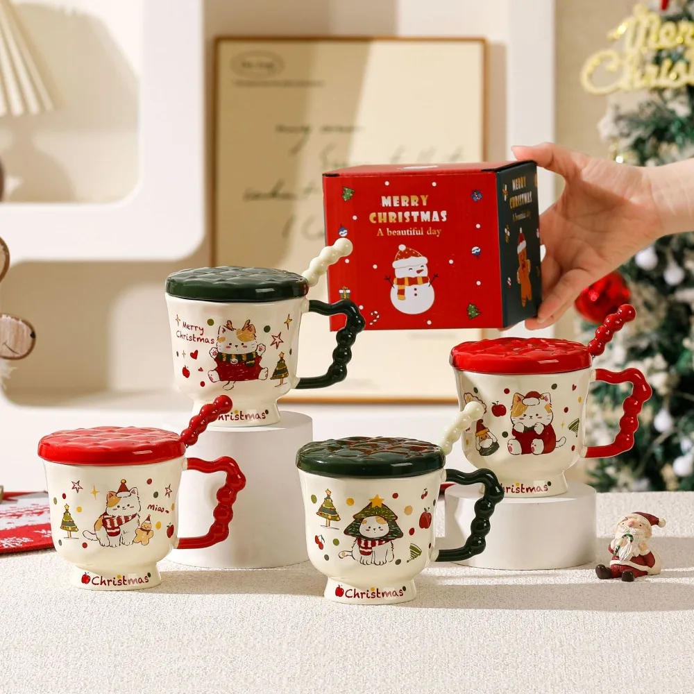 Weihnachtskatze, hohes Aussehen, Mark Keramik-Wassertopfdeckel, Löffel, süße Geschenkbox, kreatives Geburtstags-Souvenir, Kaffeetasse