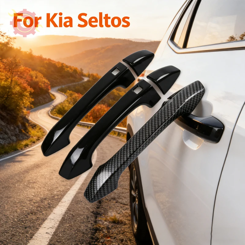 

For Kia Seltos SP2 SP2i SP2c 2021~2024 Car Door Handle Cover Carbon Fiber Black Sticker Trim Decor Scratch Parts Cap Accessory