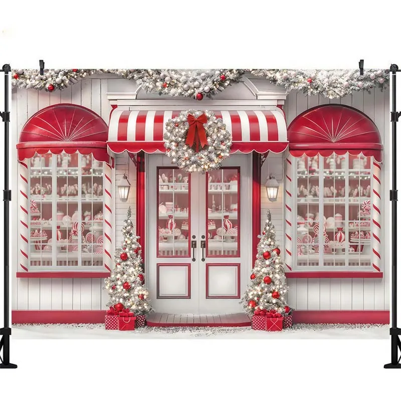 LS Red Xmas Candy Cane Store Background Photography Santa Claus Workshop Gift Snow Backdrop Decor Winter Kid Photo Studio view 3