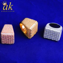 Aokaishen Rectangle Baguette Ring for Men Real Gold Plated Cubic Zirconia Hip Hop Jewelry