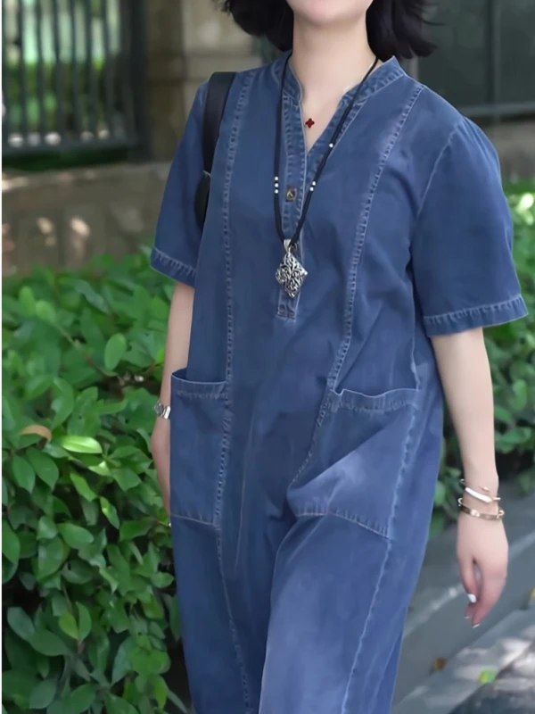 Corte holgado de longitud media V-Ne ort Sve Denim Dr mujer de talla grande novedad de verano Sle coreano Sle Casual cintura alta Dr