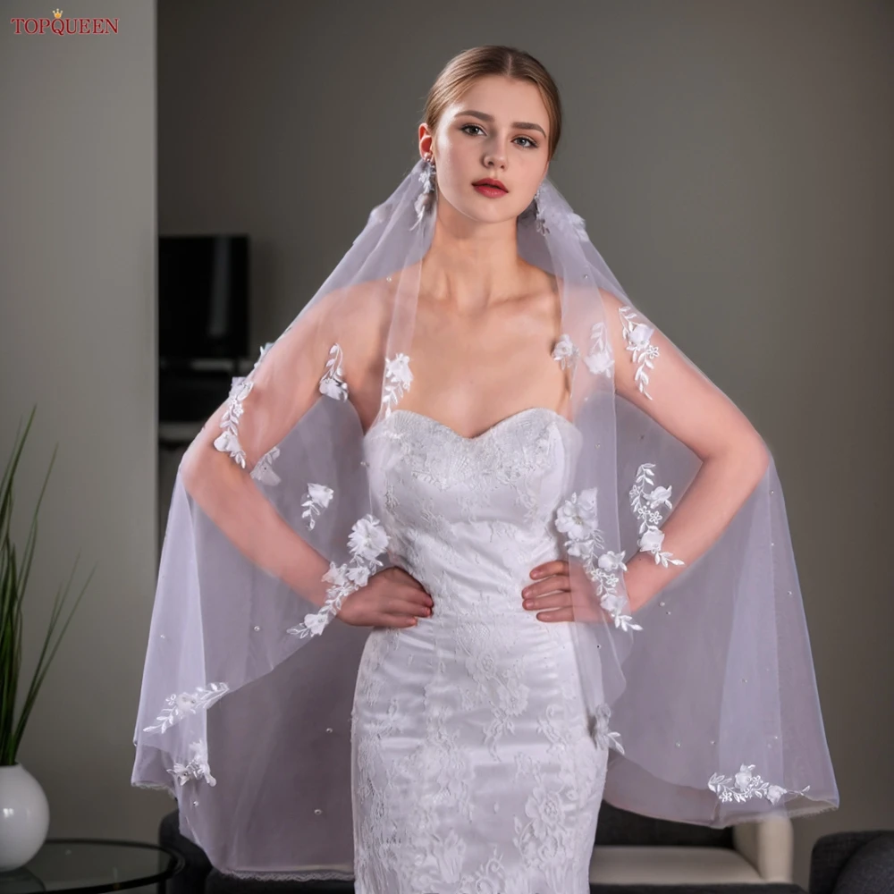 TOPQUEEN V52 3D fiori velo da sposa con perle veli da sposa cattedrale Droped velo da sposa di lusso Veu lungo matrimonio 3 metri