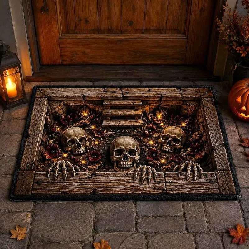 VIKAMA Halloween Skull Wooden Mat, Noise Reducing & Machine Washable, for Porch Entryway Halloween Party Floor Rug, Home Decor