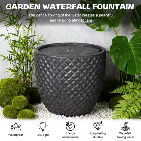 14 Inch Solar Water Fountain Patio Fountain Round Stone Solar Powered with LED Lights &amp; Pump for Garden Patio Deck Porch