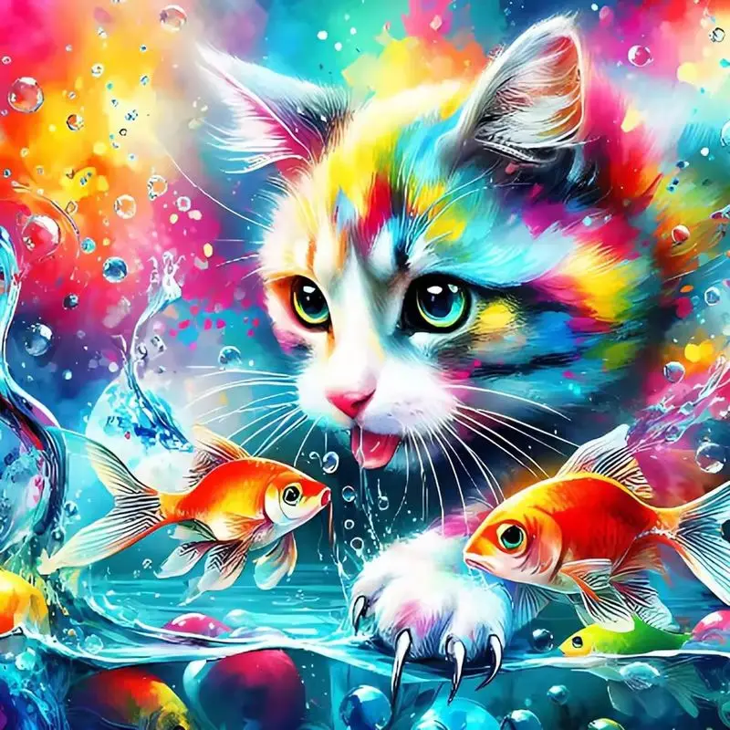 

GATYZTORY 5D Diamond Painting Abstract Cat and Goldfish Diamond Embroidery Picture Of Rhinestones Handmade Gifts Home Decor