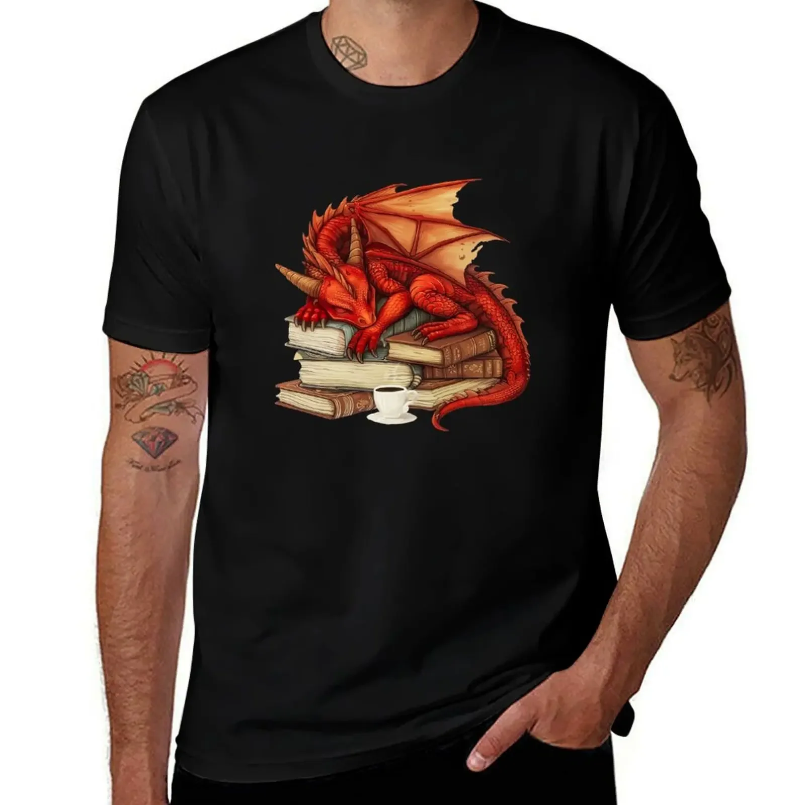 

Red Dragon And Books T-Shirt kawaii clothes custom t shirt plus size clothes slim fit t shirts for men