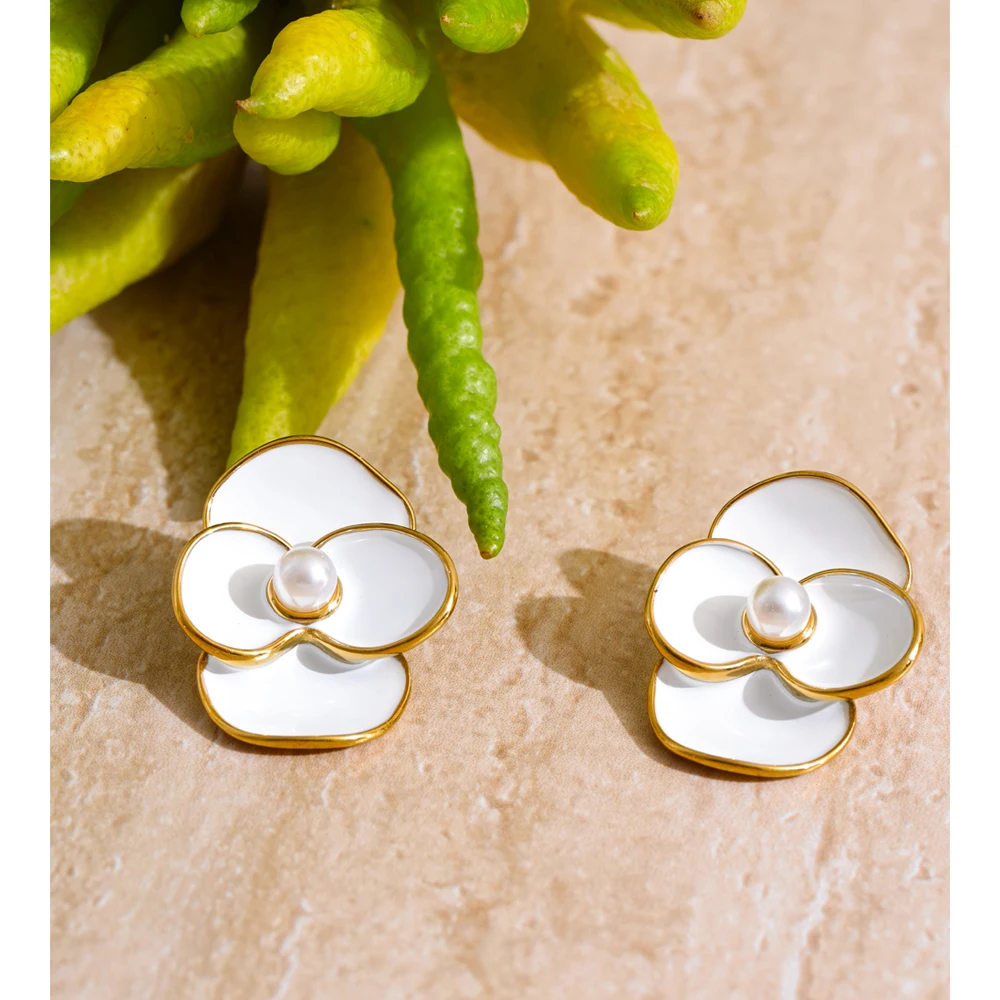 Yhpup White Enamel Pearls Flower Stud Earrings for Women Golden Stainless Steel Daily Fashion Jewelry Recommend Gift
