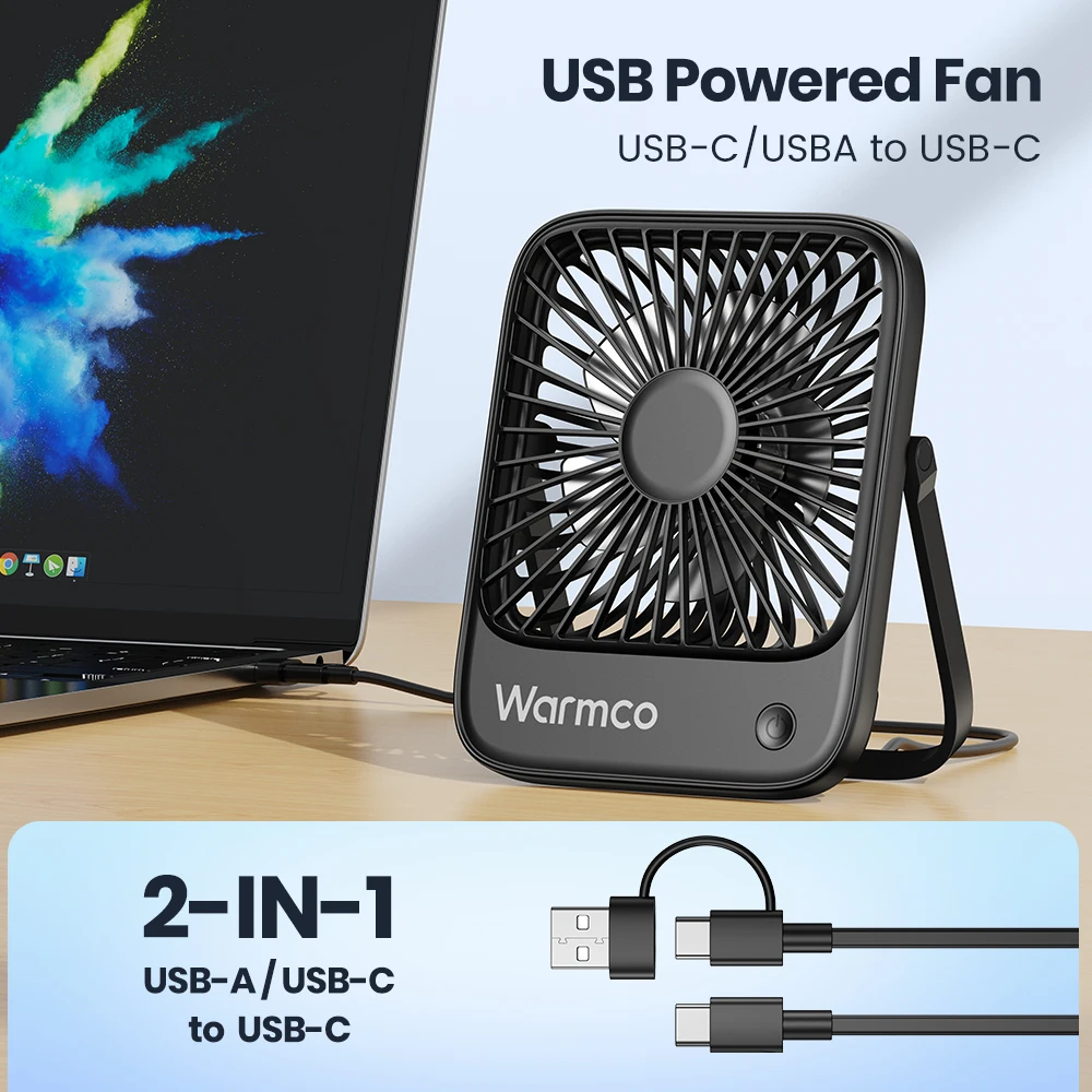 Warmco Mini USB Desk Fan Portable USB-C Fan 3-Speed Adjustable Quiet Small Personal Cooling Fan 180° Rotation for Home Travel