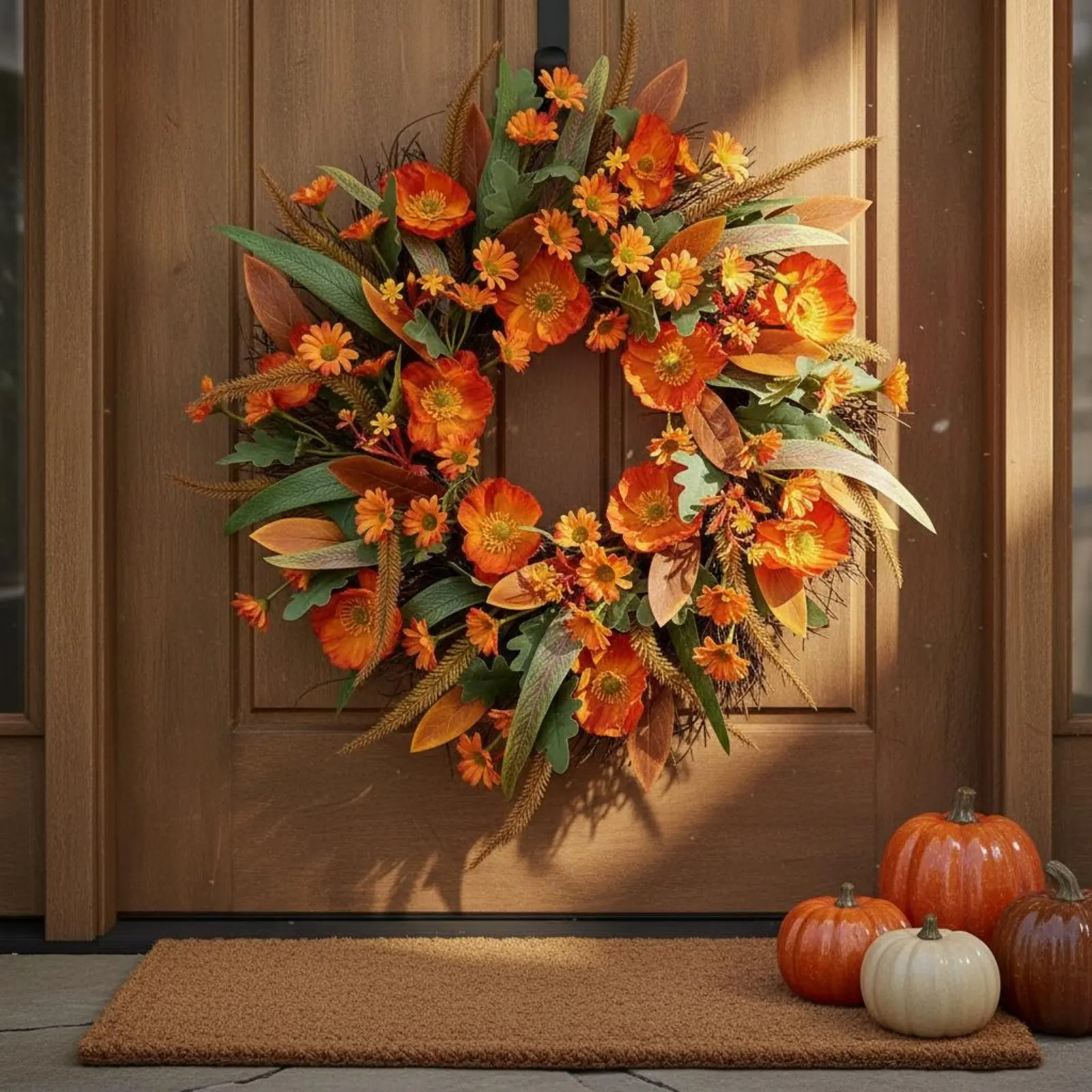 

Autumn Wreath Harvest Theme Fall Flower Wreath Home Decoration Seasonal Decor Orange and Red Colors for Entryway