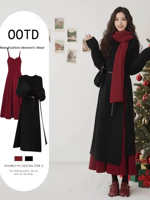 

Red Atmosphere Split Sweater And Belted Slimming Halter Dress Two-Piece Set Women's Loose Style Long Sleeve Mid-Length Coat