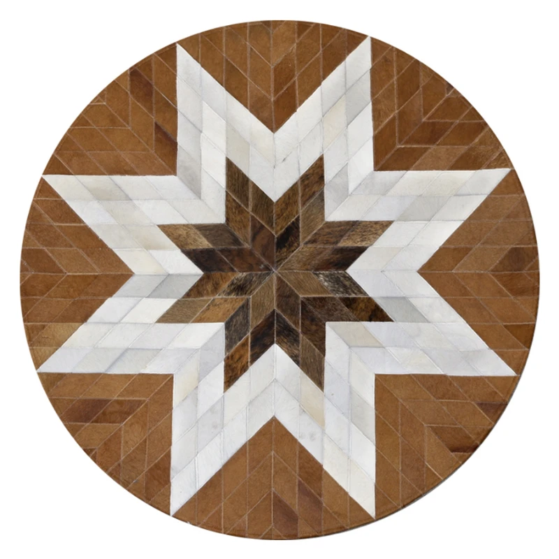 

American Style Luxury Real Fur Rug Room Bedroom Round Cow Skin Mosaic Carpet Horsehair Cloakroom Floor Mat Home Decoration