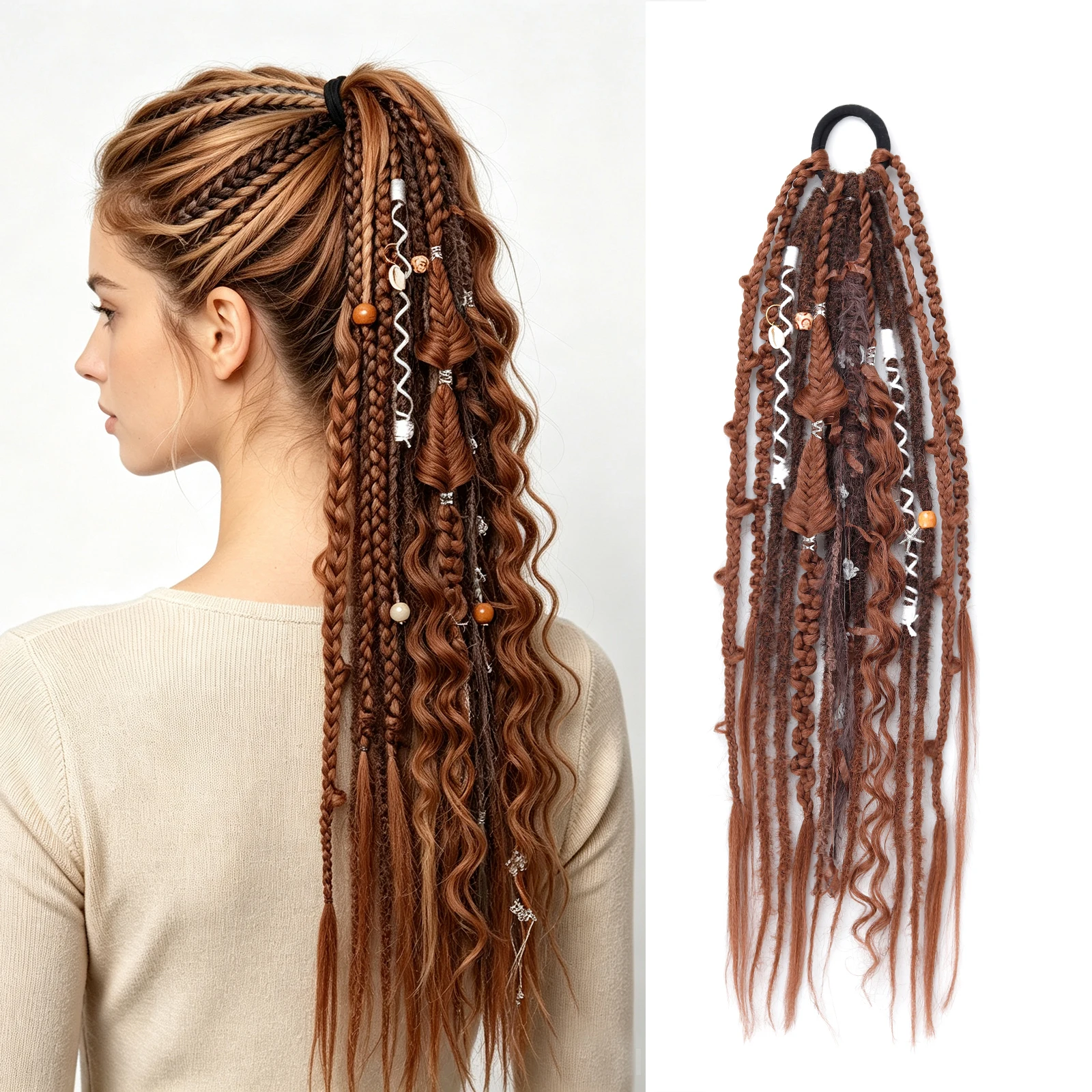Synthetic Dreadlock Ponytail Hair Extension Boho Mixed Braided Boxing Braid Ponytails for Girls Daily Cosplay Party