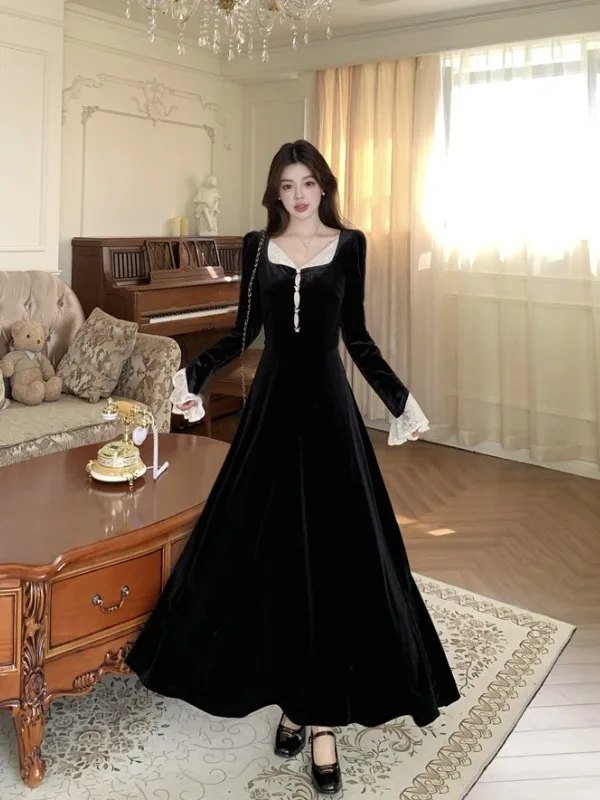 

Женское длинное платье больших размеров из бархата с кружевом, осенне-зимнее, с завышенной талией, приталенное, в корейском стиле, для повседневной носки