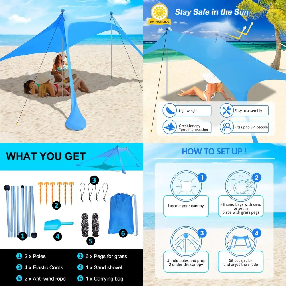 

Портативный пляжный тент 7,5x7,5 футов с защитой от УФ-излучения UPF 50+, с песочными утяжелителями, опорными стойками, колышками для крепления к земле и ветроустойчивыми веревками для активного отдыха на природе