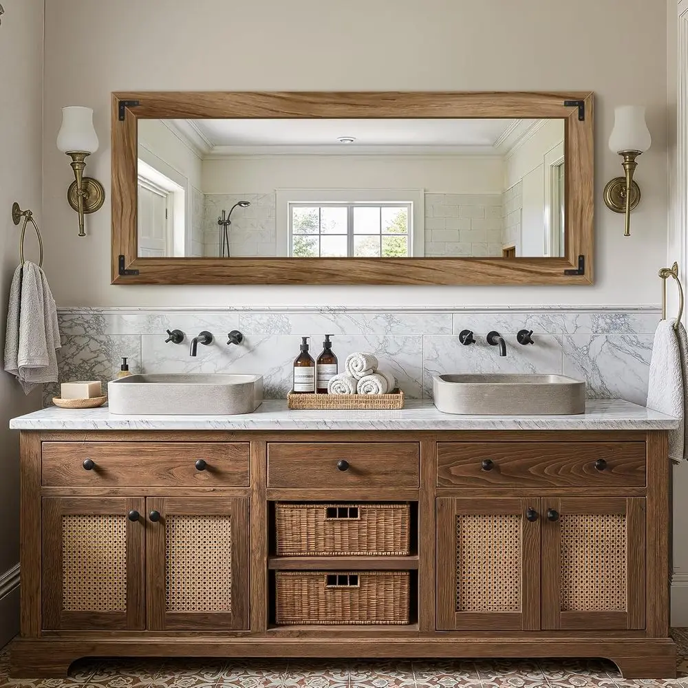 مرآة كاملة الطول، مرآة أرضية بإطار من الخشب الصلب مقاس 55 × 22، للمزرعة أو غرفة النوم، غرفة المعيشة، ديكور المدخل، الميل أو التعليق