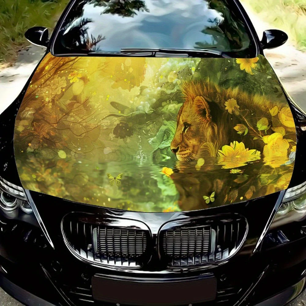 

Magical Golden Wolf & Dreamy Butterflies Car Engine Hood Vinyl Wraps Sticker, Auto Exterior Protection, Waterproof Self-adhesive