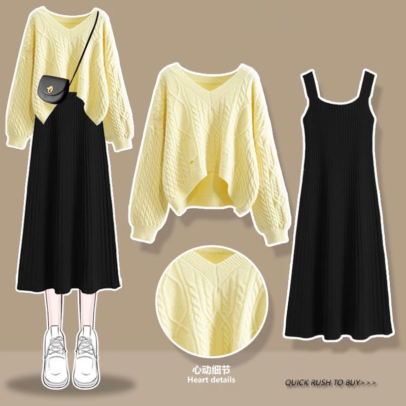 

Women Autumn Winter Knit Matching Sets Lady Casual Pure Color Sweater Pullover Sleeveless Dress 2 Piece Outfit Tops Dresses Suit