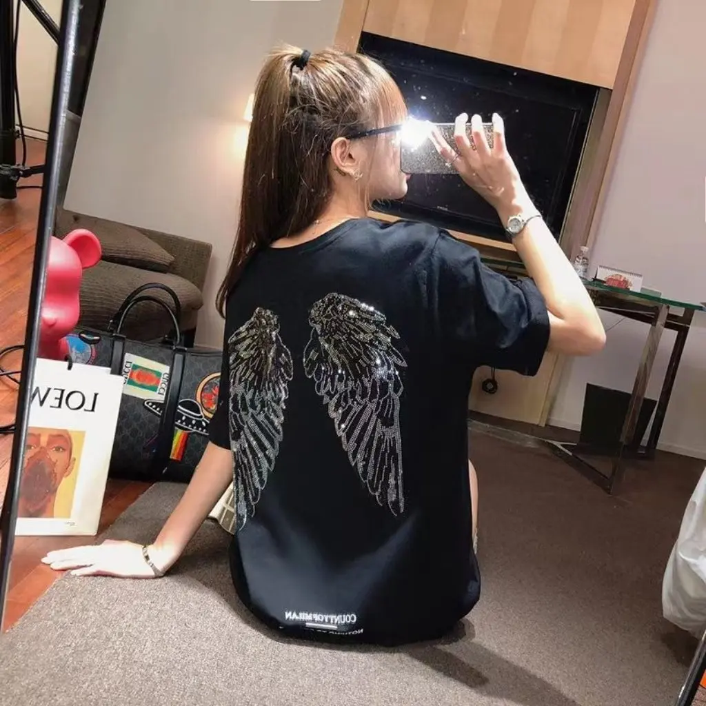 

Women's Summer Trendy Rhinestone Short-Sleeved T-Shirt Pure Cotton Korean Style All-Match Meat Covering Top