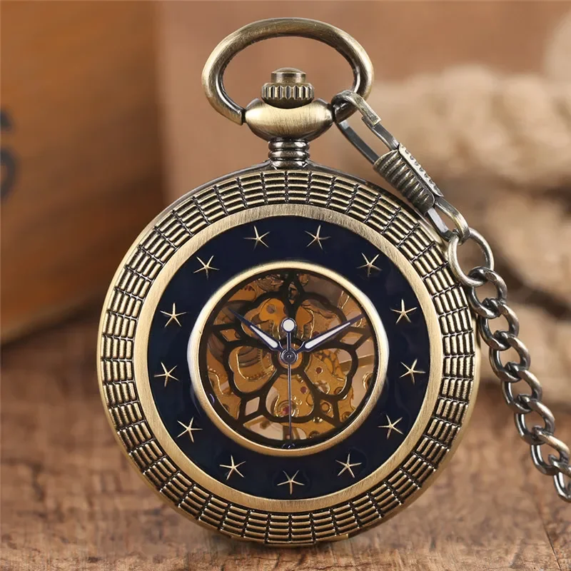 Bronze/Silver/Gold Unisex Mechanical Hand Winding Pocket Watch Carving Star Skeleton Clock for Men Women Pendant Chain Gift