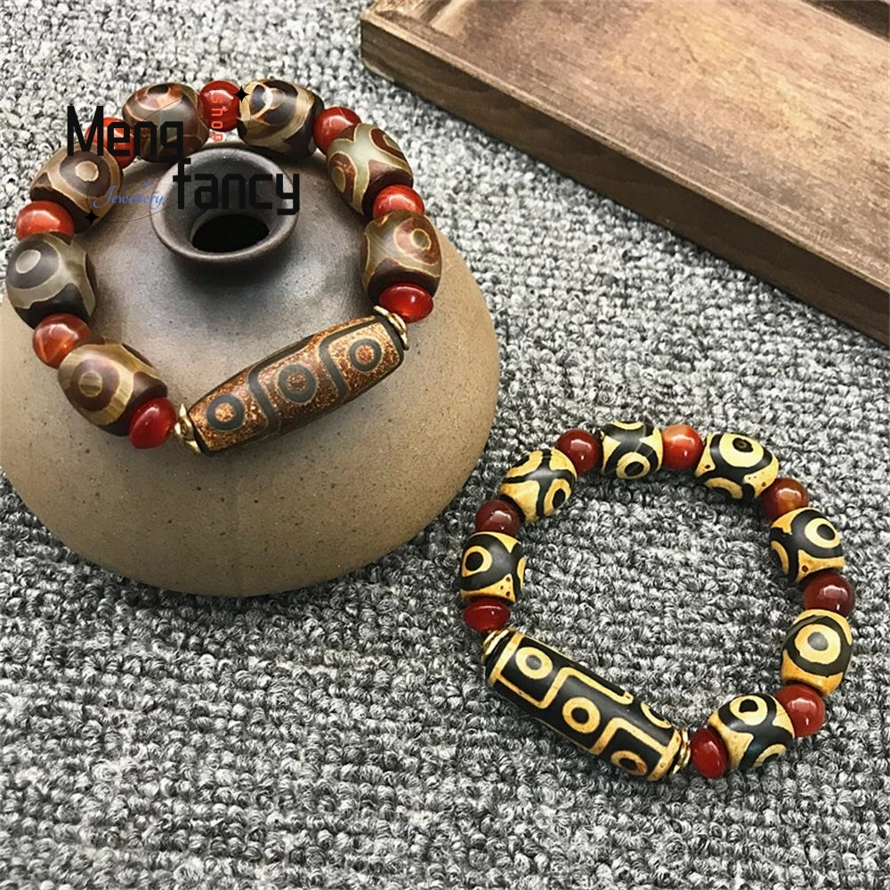 Agate Nine Eyed Dzi Bead Bracelet Natural Jade Fine Jewelry Charm Fashion Luxury Amulet Mascot Men Women Souvenir Holiday Gift