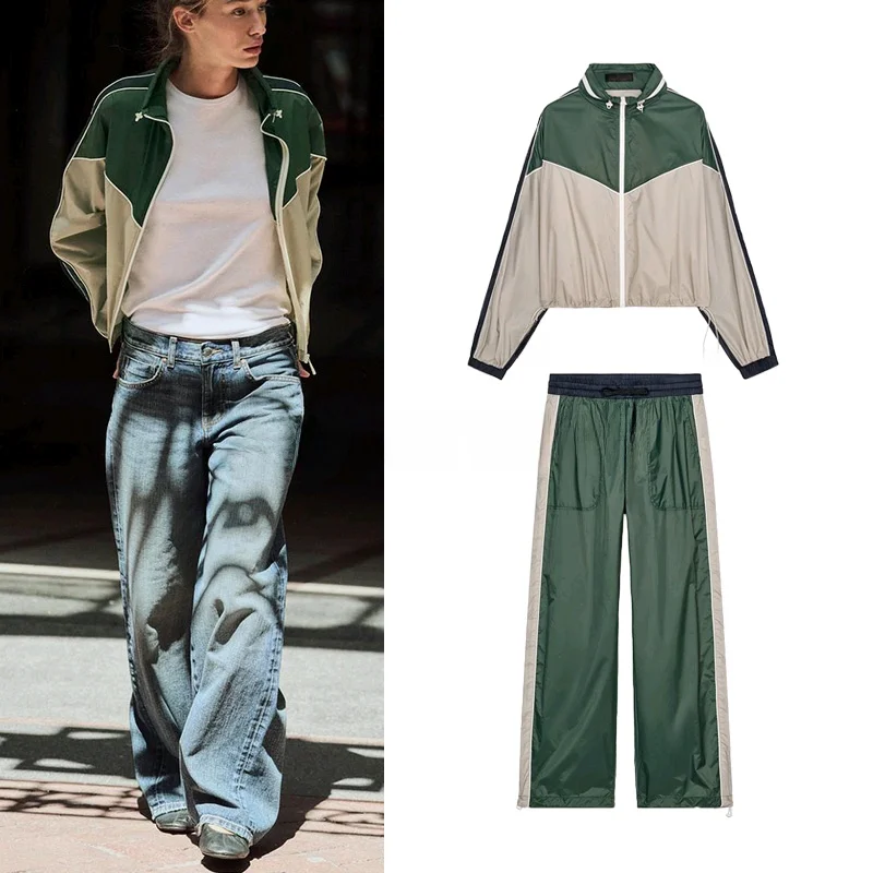 Frühling Damen Hose mit weitem Bein und Farbe Blo Trim Long Sve Stehkragen Jaet Zweiteiliges Set Lange Hose Lässige Sportbekleidung