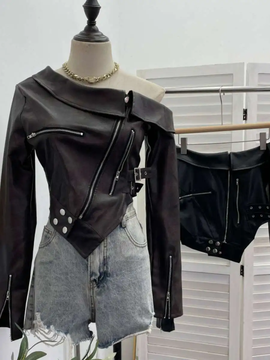 Sexy ort Leather Jaet Women's Cool Slanted oulder Biker Sle Zipper Irregular  Coat Long Sve Adult Outerwear