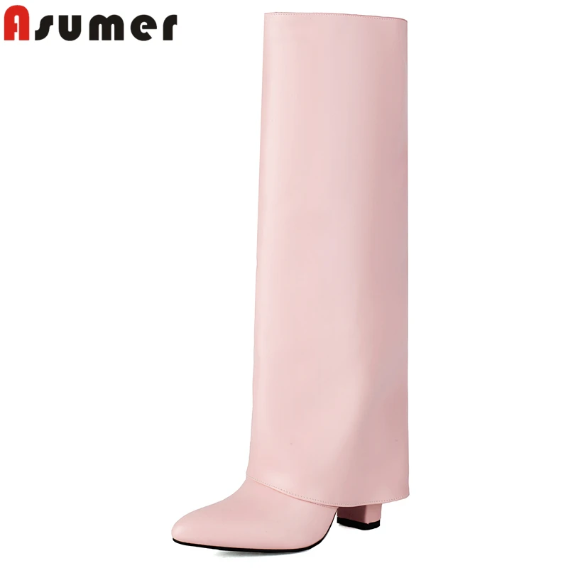 

ASUMER, новые сапоги до колена, размеры 35–44, женские модельные сапоги на высоком каблуке с острым носком, модные сапоги, милые, розовые, черные женские ботинки