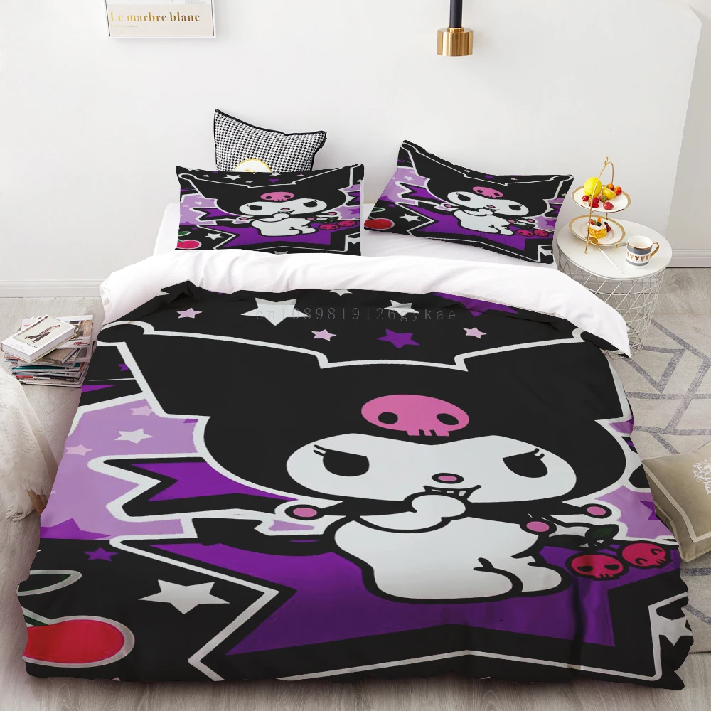 Juego de funda de edredón con dibujos animados 3D Kuromi, ropa de cama suave 100% poliéster, funda de edredón cómoda, tamaño Queen, decoración de habitación de niños, regalo para adolescentes