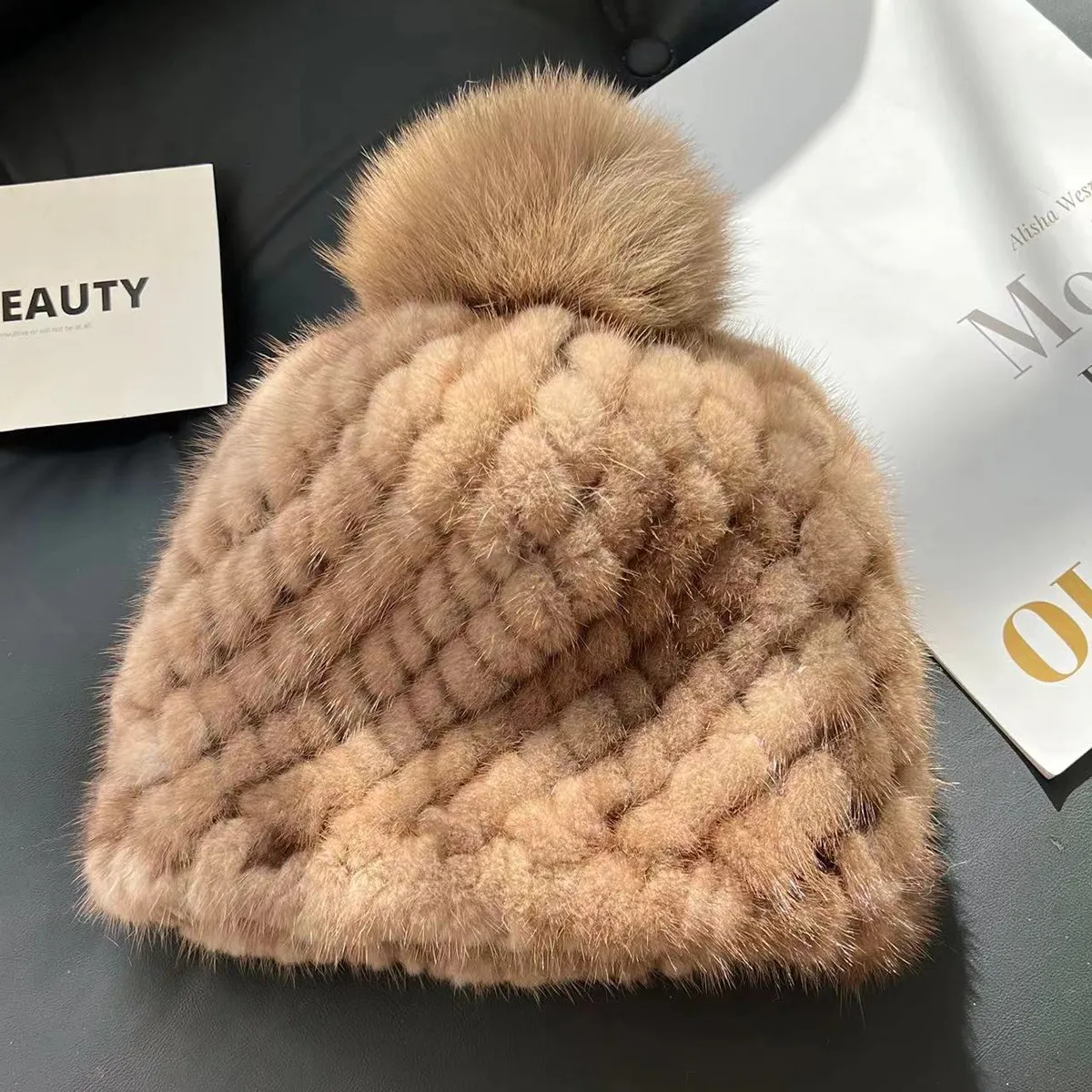 real-mink-fur-hat-for-women's-fur-cap-ladies'-winter-trapper-style-knitted-mink-fur-beanie-with-fox-fur-pom-poms-girls'-hats