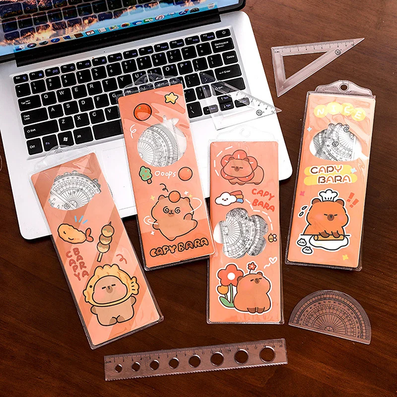 Cartoon Capybara Themed Ruler Pack; Angle, Triangle, Protractor; Multipurpose School Supplies Tool Set.