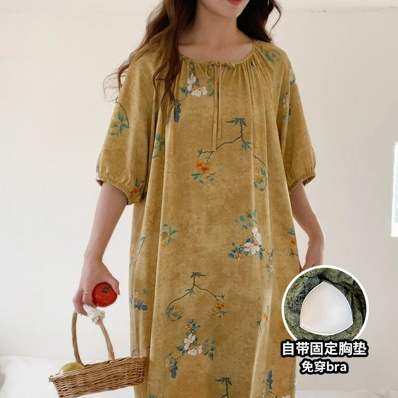 With Chest Pads To Prevent Protrusion Women'S Summer Cotton Silk Nightgown, Artificial Cotton Sleepwear