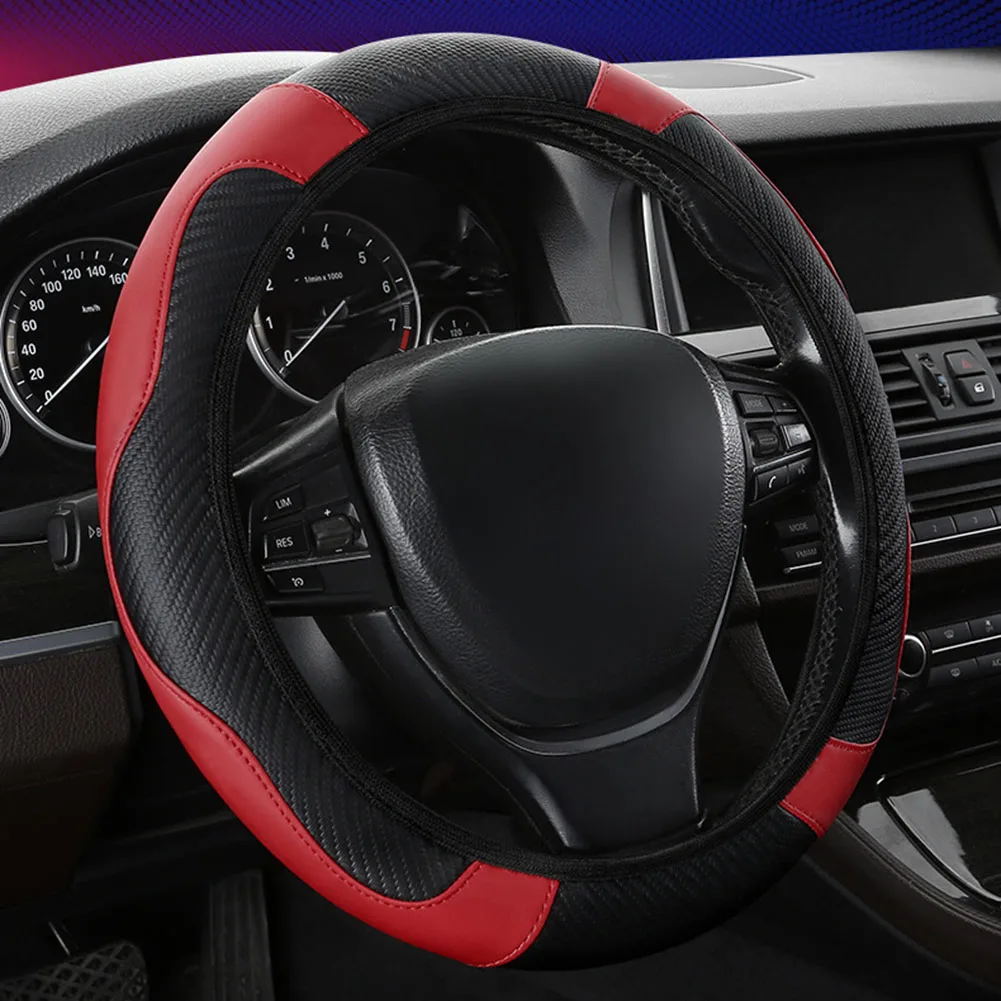 PU leather steering wheel cover with carbon fiber appearance and reliable grip for use in a wide range of vehicles