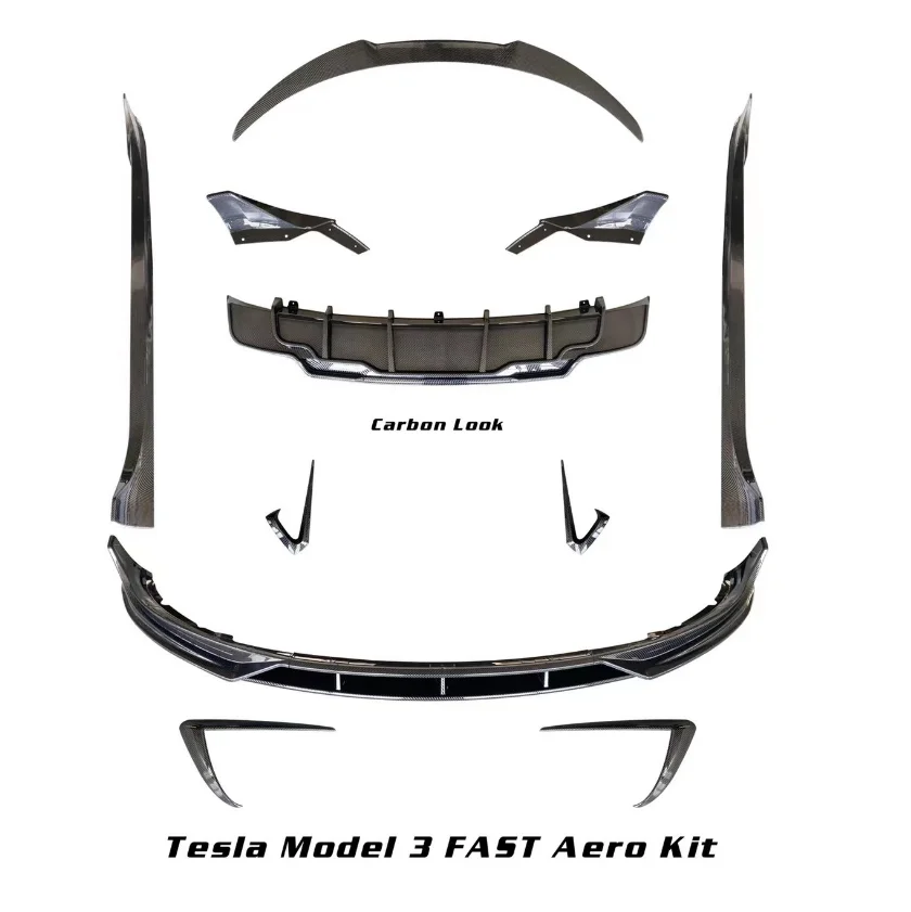 

Hot selling new design arrivals car body kit accessories plastic ABS carbon look FAST Aero For Tesla Model 3