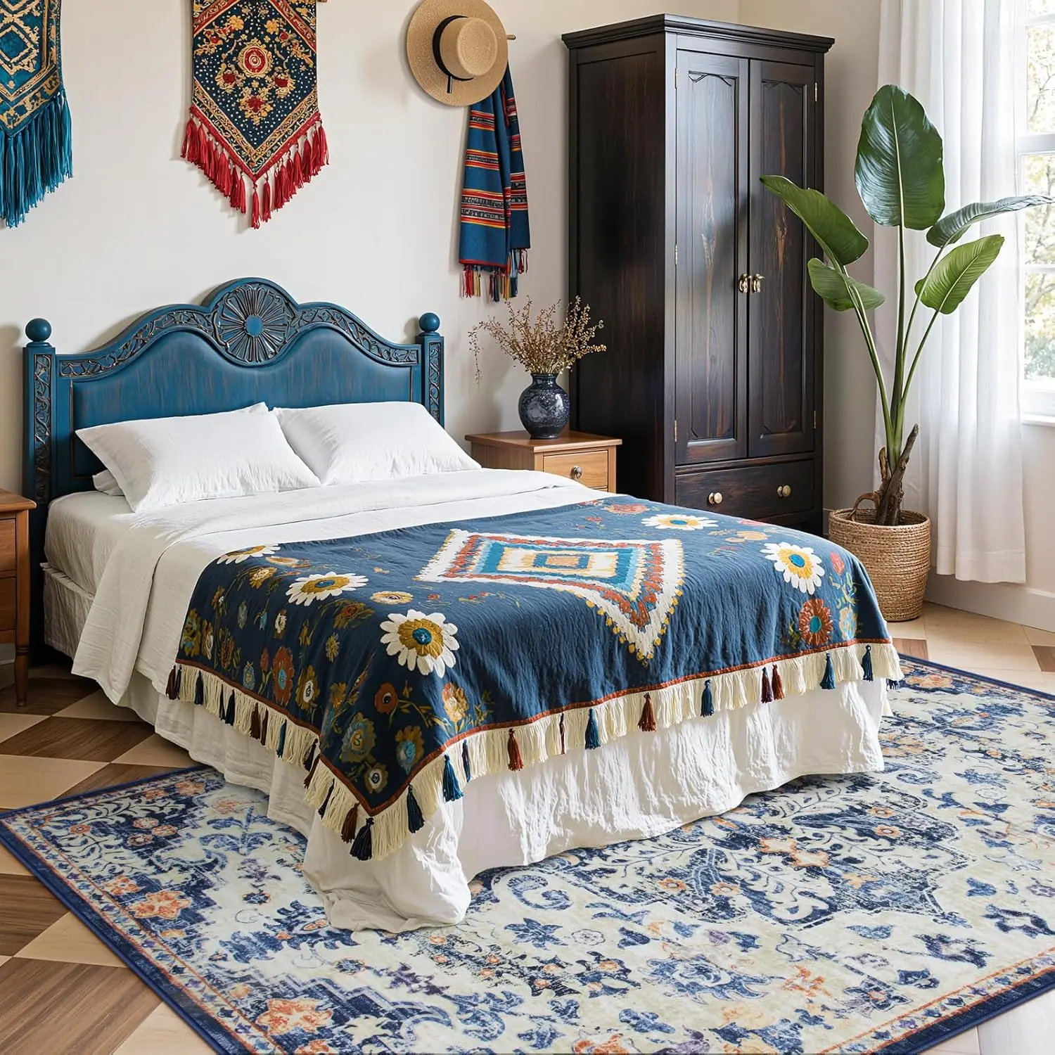 Washable Bohemian Rug for Bedroom Living Room, Medallion Non Slip Non Shedding Low Pile Printed Accent Indoor Floor Carpet for