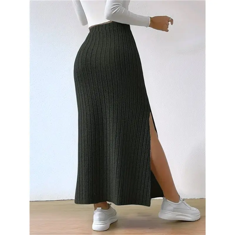 ABRW-Female's Solid High Waist Split Side Rock Lässige gestrickte Maxiröcke Bequemes, figurbetontes Kleid
