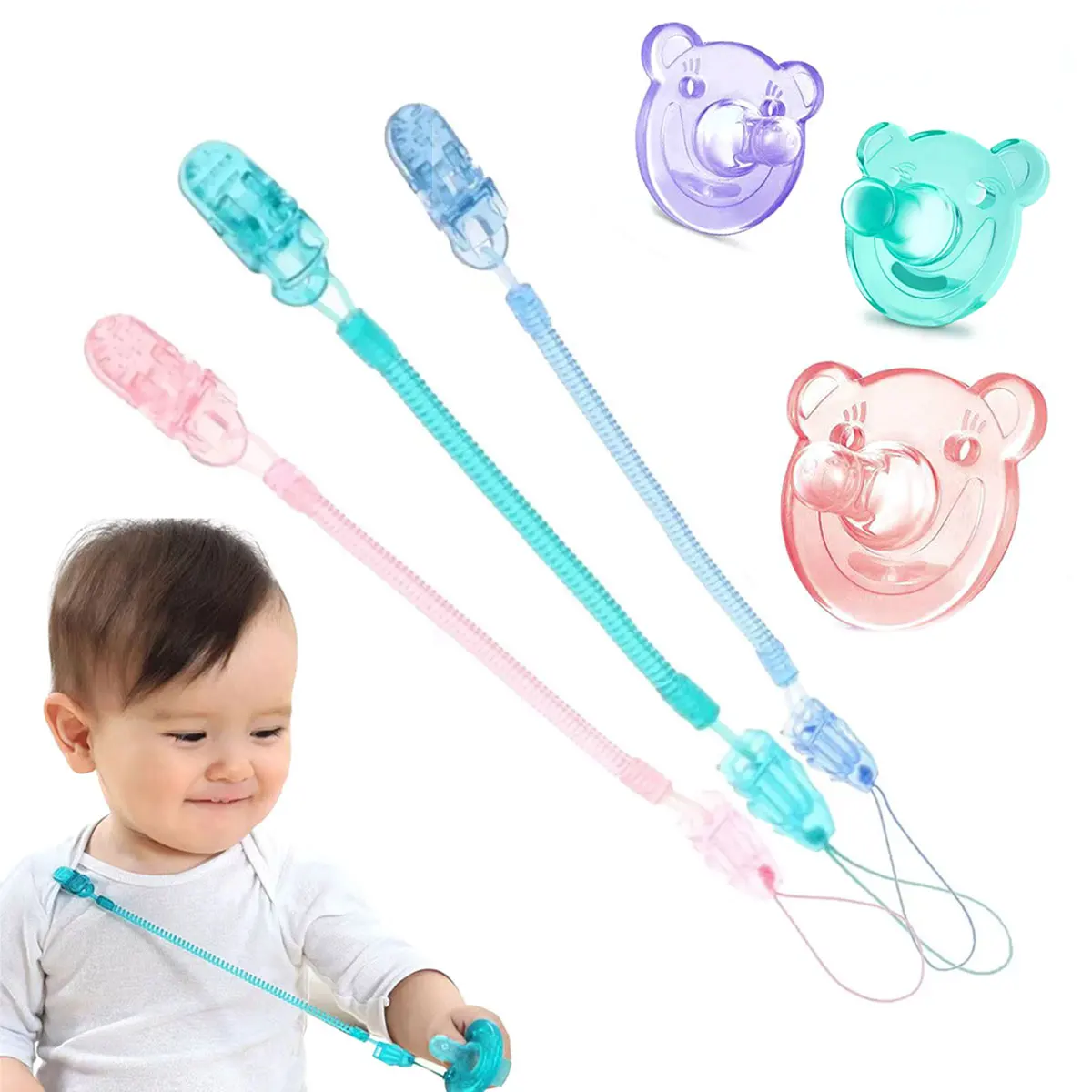 0-3 years old baby full silicone round mouth pacifier baby bear teether soother safe and soft with breast chain anti loss