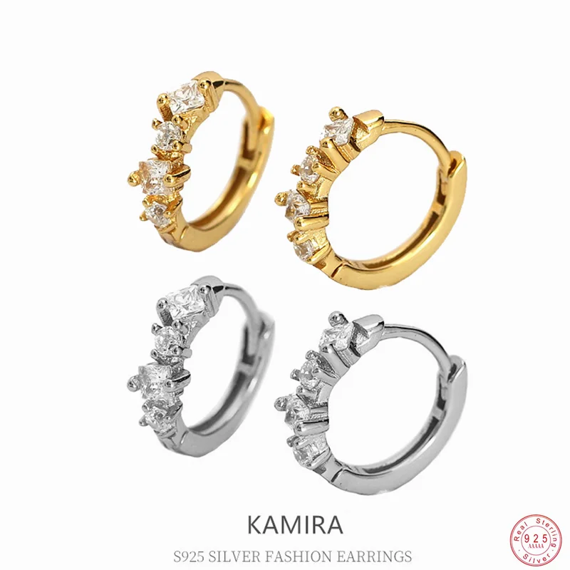 KAMIRA Real 925 Sterling Silver Gentle Square Zircon Hug Hoop Earrings for Women Party Daily Geometric Elegant Fashion Jewelry